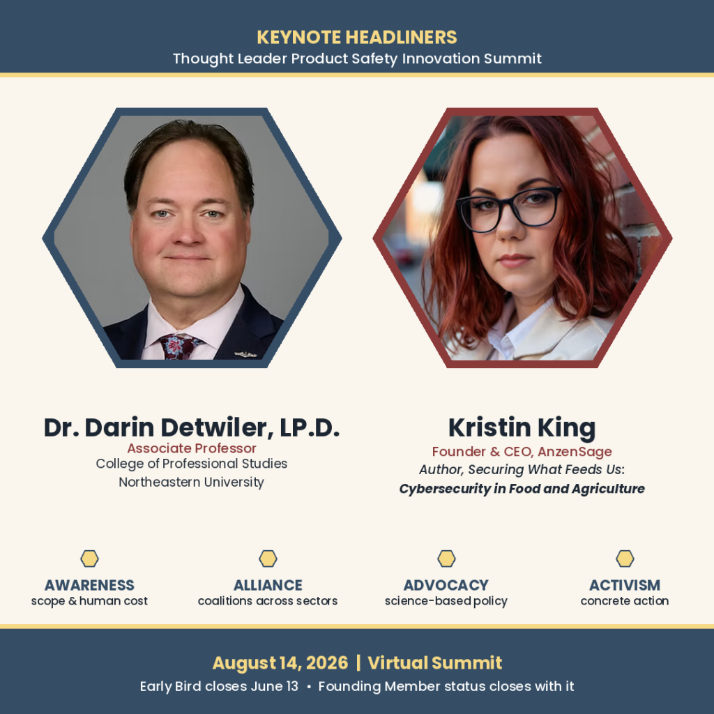 Summit_Keynote_Headliners_2026-05-08_v2 | Control Point® Poster announcing keynote headliners Dr. Darin Detwiler and Kristin King for the virtual Thought Leader Product Safety Innovation Summit, Aug 14, 2026