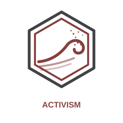 Hexagonal badge with a maroon stylized wave inside a double border and the label ACTIVISM beneath.