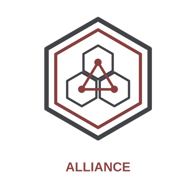 Alliance logo: a hexagonal badge with layered hexagons and a red triangular node design, with the word 'ALLIANCE' below.