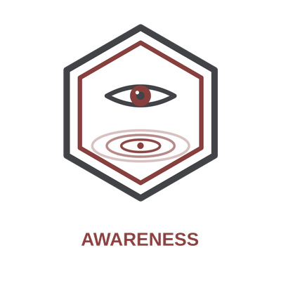 Shield-shaped badge with a stylized eye and concentric rings, labeled 'AWARENESS' below.